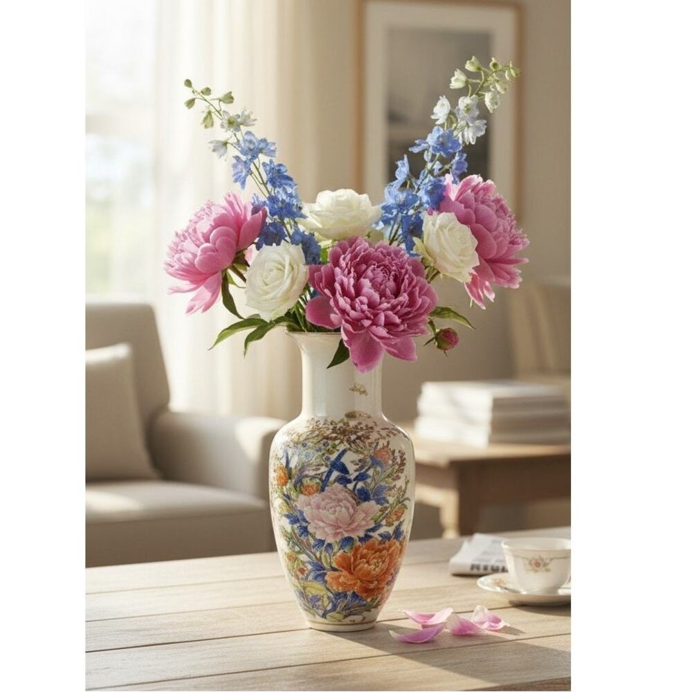 Japanese Shibata Vase Porcelain Floral Design Multicolor 10.75 InchesTall